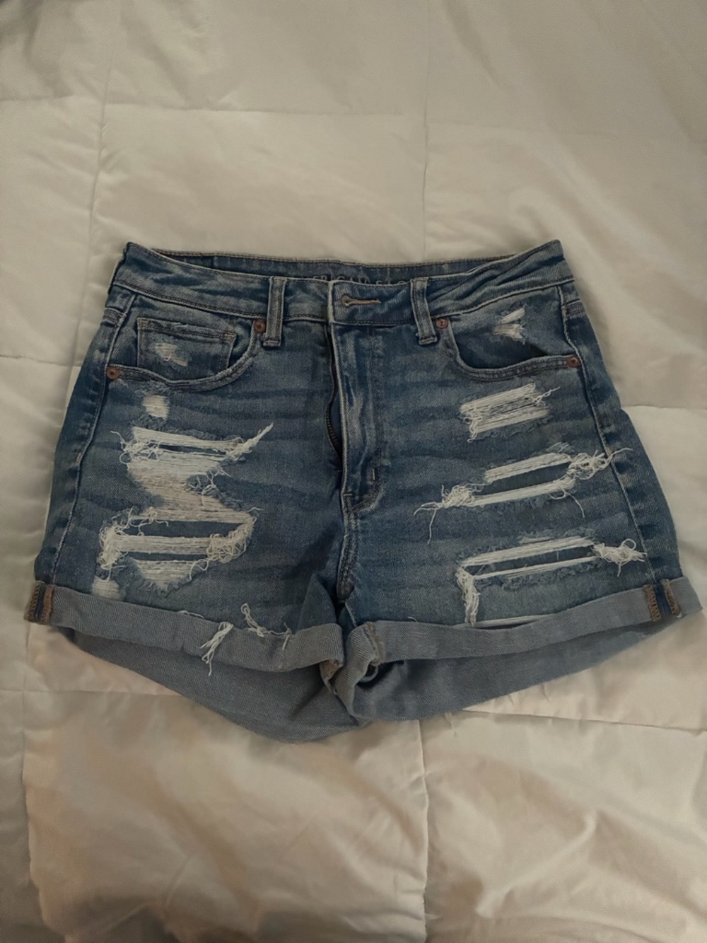 American Eagle Outfitters Distressed Blue Roll-Cuff Denim Shorts